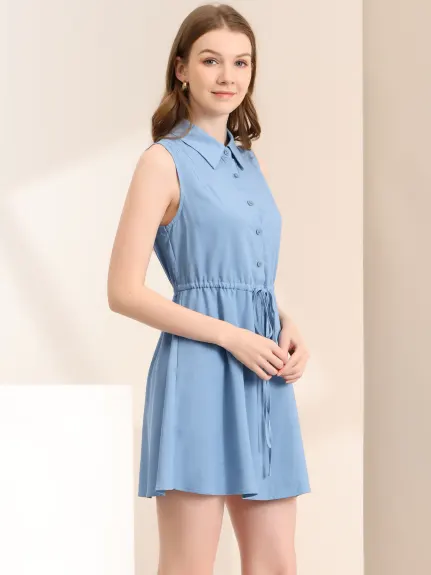 Allegra K- Sleeveless Pleated Drawstring Waist Shirt Dress