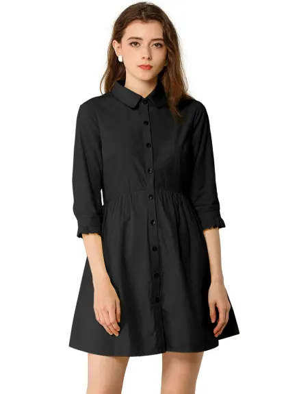 Allegra K- Mini-robe chemise évasée boutonnée à manches 3/4