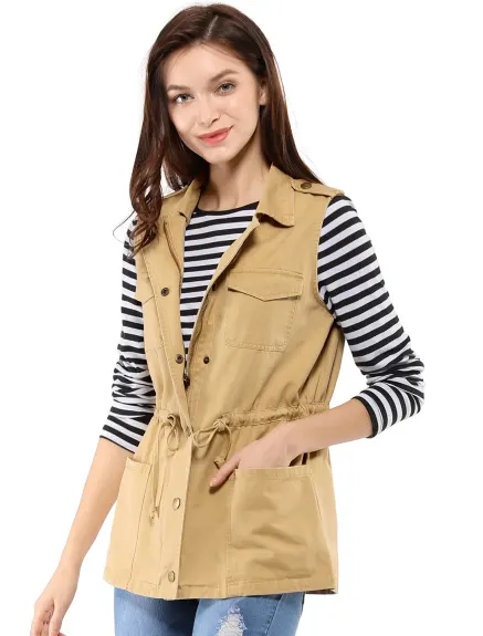 Allegra K- Sleeveless Zip Up Drawstring Waist Cargo Vest