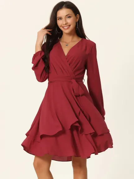 Allegra K- Deep V Neck Wrap Long Sleeve Belted Mini Skating Flowy Dress