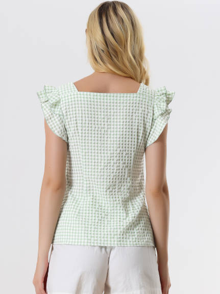 Allegra K - Summer Ruffle Sleeve Gingham Top