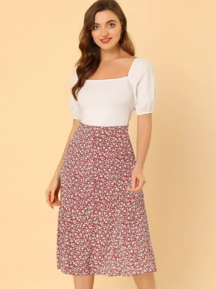 Allegra K- Elastic Waist A-Line Midi Leave Print Skirt