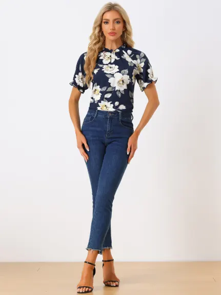 Allegra K- Blouse florale à manches courtes et col à volants