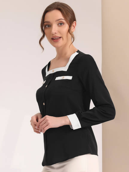 Allegra K- Square Neck Long Sleeve Blouse