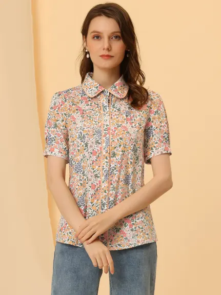 Allegra K- Contrast Trim Puff Sleeve Floral Shirt