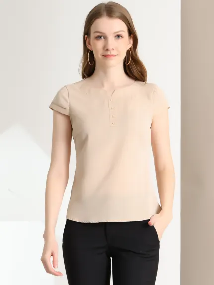 Allegra K - Round Neck Cap Sleeve Button Decor Blouse