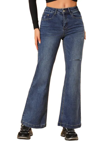 Allegra K - Wide Leg Ripped Slight Flare Jeans