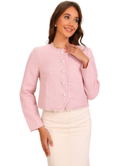 Allegra K - Crew Neck Cropped Plaid Tweed Blazer