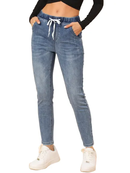 Allegra K- Skinny Jeans High Waisted Drawstring Stretch Denim