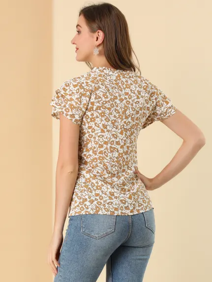 Allegra K - Summer Floral Button V Neck Peasant Top