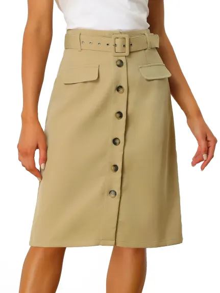 Allegra K- Button Front Belted Work Straight Skirt