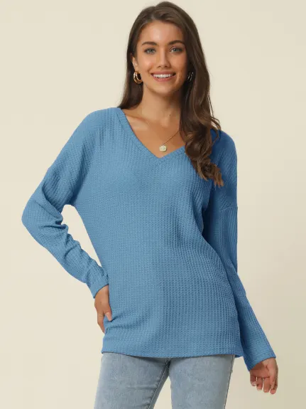 Allegra K- V Neck Waffle Knit Long Sleeve Slim Fit Top