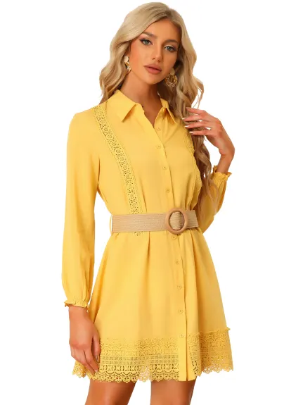 Allegra K- Boho Lace Button Front Mini Shirt Dress