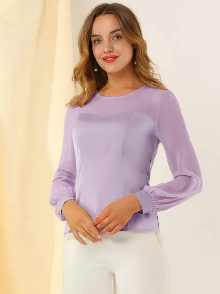 Allegra K- Satin Mesh Panel Sheer Lantern Sleeve Top