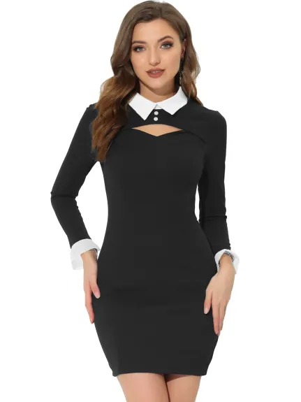 Allegra K- Contrast Peter Pan Collar Long Sleeve Bodycon Mini Dress