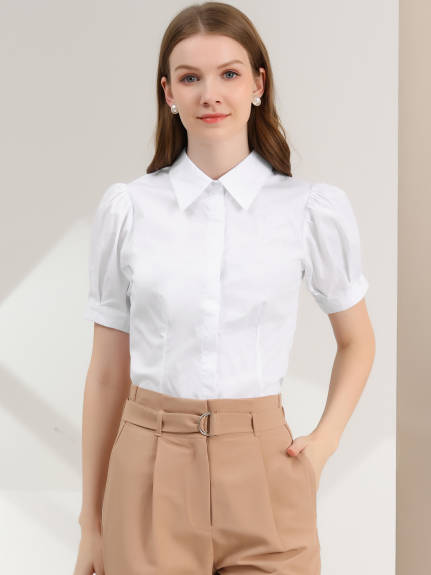 Allegra K- Puff Sleeve Collared Cotton Shirt