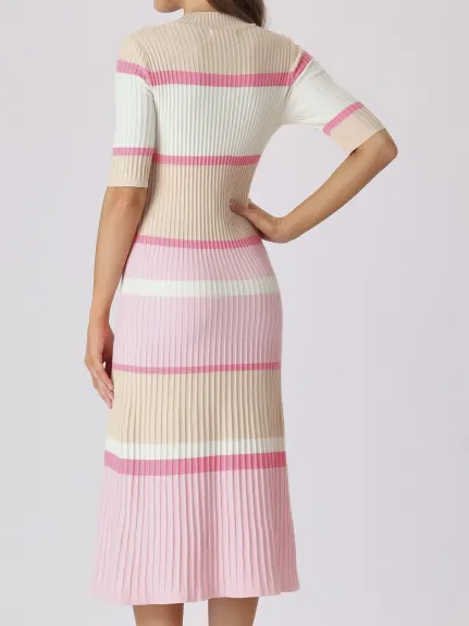 Hobemty- Short Sleeve Striped Knit A-Line Midi Dress