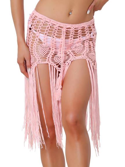 Allegra K- Crochet Summer Beach Swimsuit Tassel Cover-Up Skirt