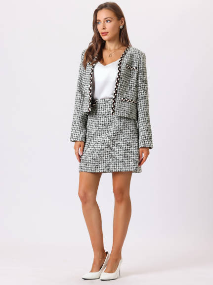 Hobemty- Plaid Tweed Blazer Jacket and Skirt Set