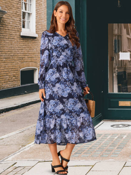 Allegra K - Long Sleeve Chiffon Flowy Floral Dress