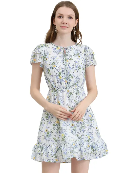 Allegra K- Ruffle Sleeve Self-Tie V Neck A-Line Floral Chiffon Dress