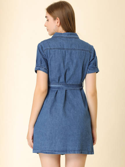 Allegra K- Belted Jean Denim ShirtDress