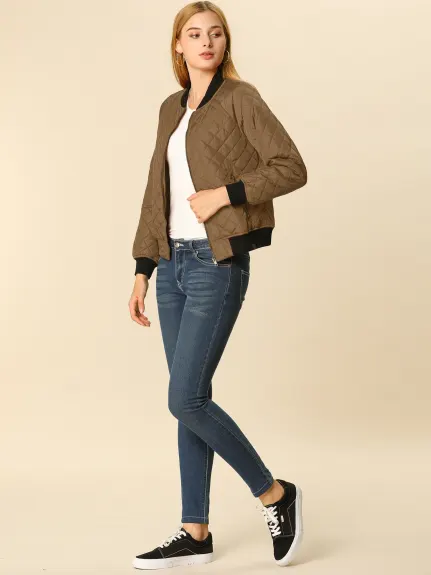 Allegra K- Stand Collar Raglan Sleeve Quilted Bomber Jacket