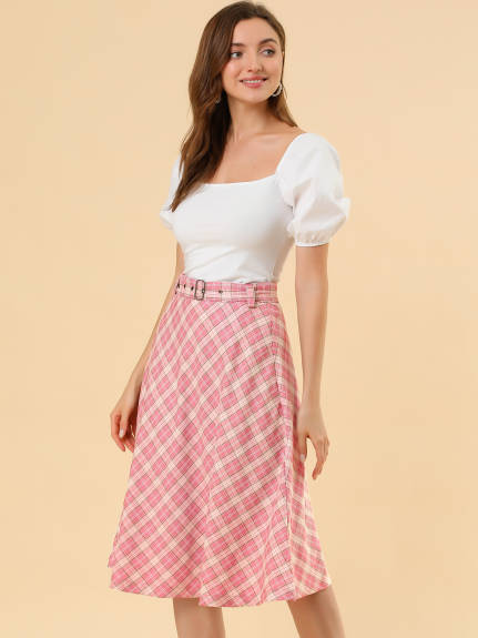 Allegra K- Plaid Tartan Belted A-Line Midi Skirt