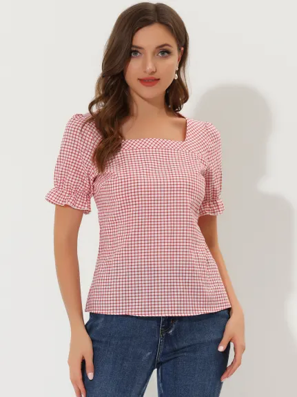 Allegra K- Short Sleeve Square Neck Plaid Blouse