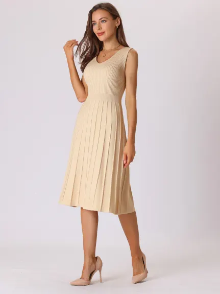 Hobemty- V Neck Knit Pleated Midi Dress