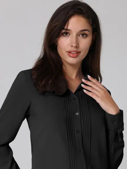 Hobemty- Pleated Button Down Shirt Blouse