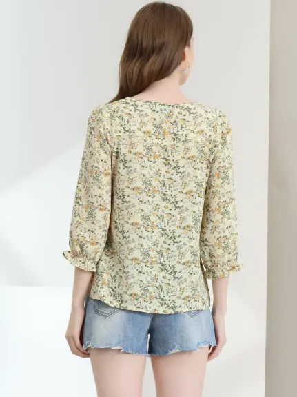 Allegra K- Tie Blouse florale à manches 3/4 et col en V