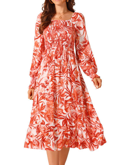 Allegra K - Floral Ruffle Hem Smocked Midi Dress