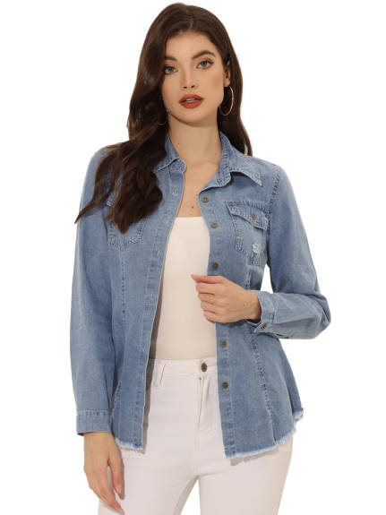 Allegra K- Point Collar Distressed Raw Hem Denim Shirt