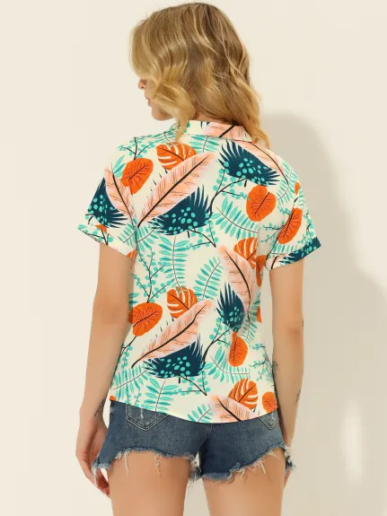 Allegra K- Beach Tropical Floral Leaves Button Down Shirt