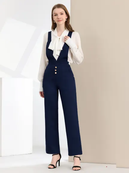 Allegra K - Wide Leg Jumpsuit Suspenders Pants