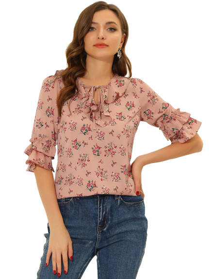 Allegra K - Tie Neck Elbow Sleeve Floral Chiffon Blouse