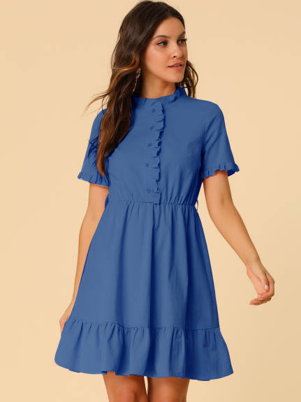 Allegra K- Cotton Fit and Flare Belted Button Front Ruffled Dress