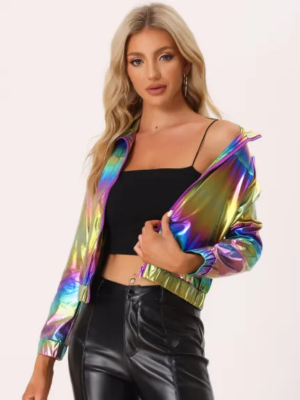 Allegra K- Holographic Lightweight Zipper Jacket