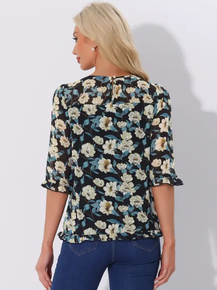 Allegra K- Blouse florale en mousseline à manches 3/4 et à volants