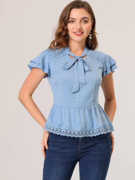 Allegra K - Tie V Neck Lace Trim Cotton Peplum Top