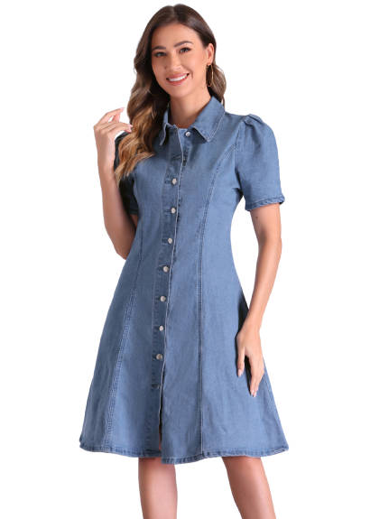 INSPIRE CHIC - Puff Sleeve Button Down Collared Denim Dress