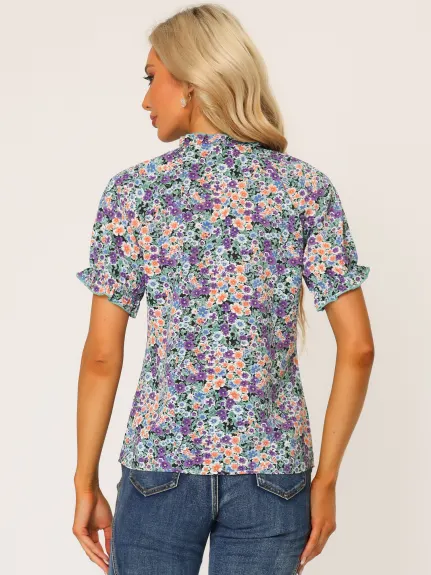 Allegra K- Blouse florale à manches courtes et col à volants