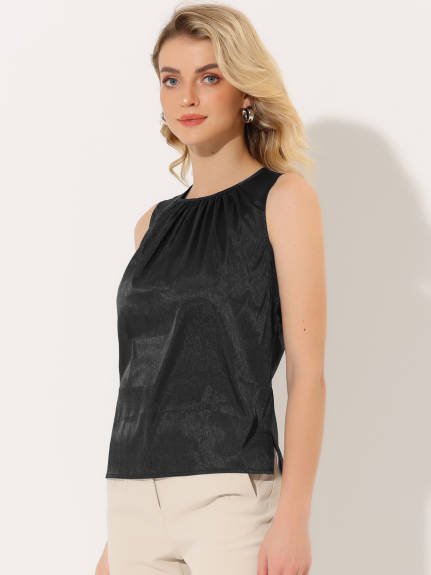 Allegra K - Satin Sleeveless Pleated Tank Top