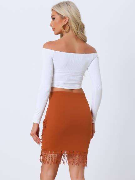 Allegra K- Boho Beach Fringe Midi Skirt