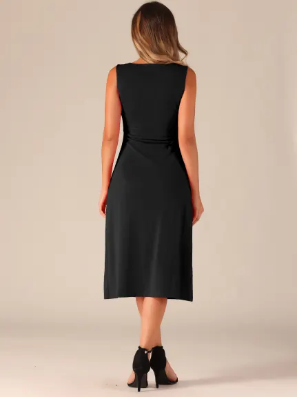 Allegra K- Ruched Crew Neck Sleeveless Midi Dress