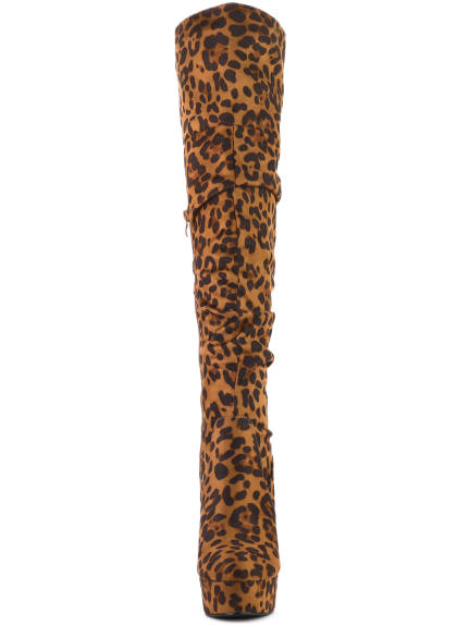 Allegra K - Platform Round Toe Slouch Thigh High Boots