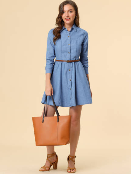 Allegra K- Long Sleeve Above Knee Denim Shirt Dress with Belt