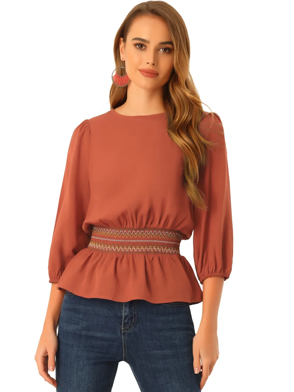 Allegra K- Blouse en Peplum manches 3/4 taille Smocked