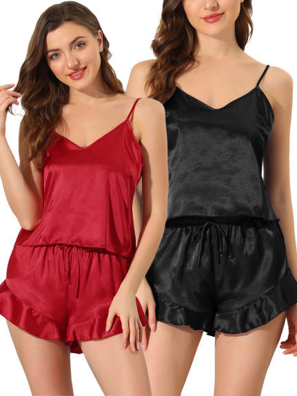 cheibear - Satin Ruffle Cami Pajamas Sets 2-Pack, Black